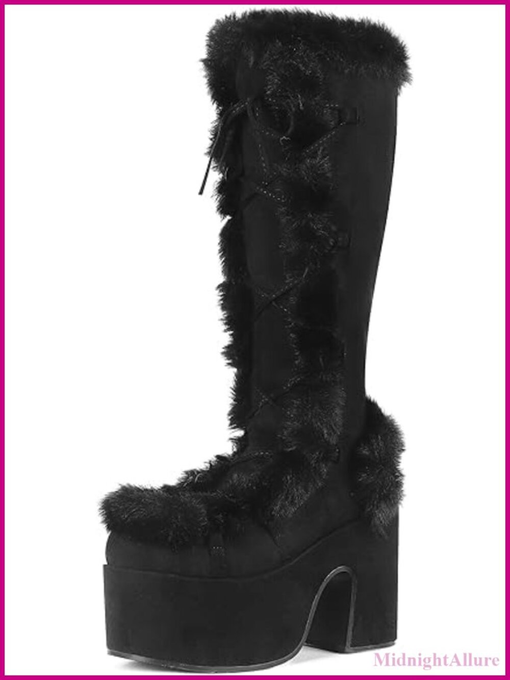 Mid Calf Boots Lace Up Zip Chunky High Heel Fur Platform Snow Boots